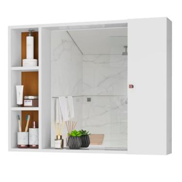 Imagem de Espelheira Tália para Banheiro com Porta e Nichos, 65x50x12 cm, Fundo Dupla Cor (BRANCO/NATURE)
