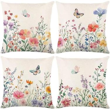 Imagem de wyooxoo Capas de almofada de primavera, 40,6 x 40,6 cm, conjunto de 4 capas de almofadas decorativas de borboleta floral para sofá, sofá, pátio, quarto