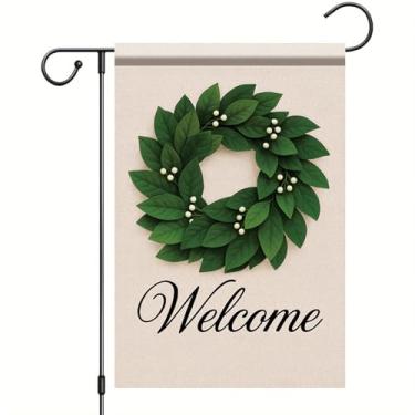 Imagem de Starlit Patio Guirlanda de boas-vindas xadrez búfalo bandeira de jardim bandeira de louro verde 30,5 x 45,7 cm, dupla face, flores tropicais, decoração floral, sinal de boas-vindas para primavera