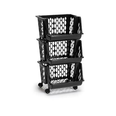 Imagem de Cesto Organizador Multiuso Plástico 2, 3 ou 4 andares Empilhável Expositor c Rodinhas Diversas Cores(triplo preto)
