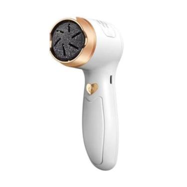 Imagem de Esfoliador Elétrico para Pés Portátil, Recarregável USB, com 2 Discos Abrasivos, Branco e Dourado