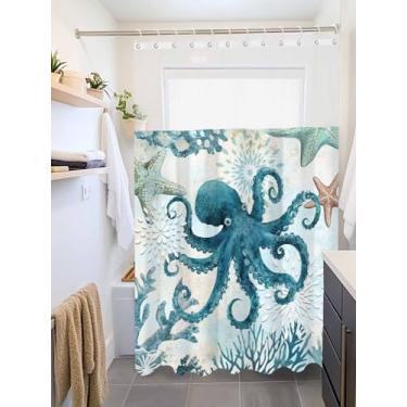 Imagem de Clblhlolkuy Cortina de chuveiro impermeável para banheiro, oceano azul polvo submarino estrela do mar coral hotel cortina de banho macia com janela superior semitransparente e ganchos, 183 cm x 183 cm