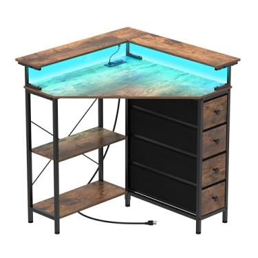 Imagem de VENNQD Mesa de canto triangular de 90 graus com gavetas, prateleiras, tomadas e luzes LED para espaço pequeno, suporte para monitor, mesa de jogos e trabalho