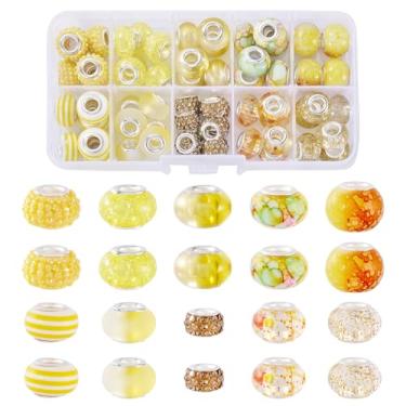 Imagem de Beadthoven 64 peças sortidas amarelas grandes furos europeus contas de resina strass Rondelle espaçador contas de cristal europeu artesanato contas a granel para fazer joias, faça você mesmo, canetas
