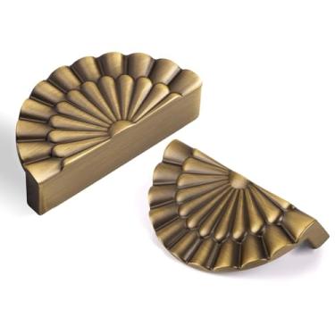 Imagem de Yagman Puxadores de armário de latão antigo escovado pacote com 6 puxadores de gaveta vintage de 7 cm armário de cozinha meia lua armário de banheiro cômoda de banheiro puxador de girassol SH-AB76-6