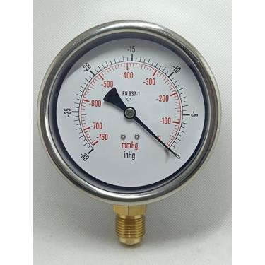 Imagem de Vacuômetro 100mm – Vertical - Esc. -30InHg x -760 mmHg - Caixa Aço Inox 304 - Internos em latão – Rosca 1/2 BSP