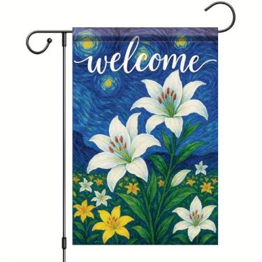 Imagem de Starlit Patio Welcome Van Gogh Bandeira de jardim céu estrelado lírio branco bandeira floral quintal 30,5 x 45,7 cm decoração externa dupla face para primavera verão varanda gramado entrada decoração