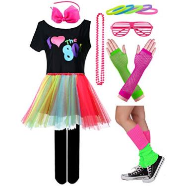Imagem de Kid Girl I Love 80s camiseta estrela 1980 saia tutu com colar neon laço faixa de cabelo conjunto (7/8, estilo 1 colorido)