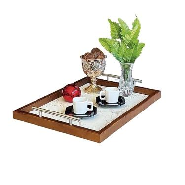 Imagem de Bandeja Decorativa Retangular Maraka com Alças em Aço Inox Escovado e Borda em Madeira Maciça 20mm, Dimensões 49x37x3cm (Borda em Madeira Fundo Marmorizado)