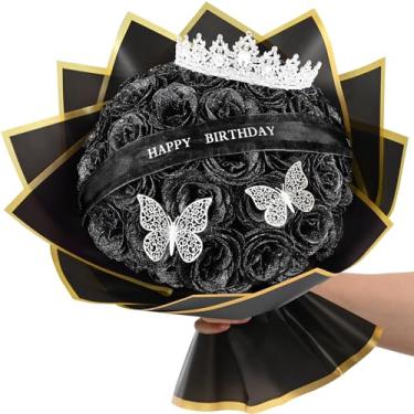 Imagem de Waipfaru Buquê de rosas com glitter, presentes de aniversário para mulheres, mãe, buquê de flores falsas faça você mesmo com placas de aniversário, rosa preta 36 para avó esposa e amigas