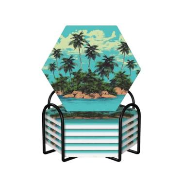 Imagem de Porta-copos para bebidas, conjunto de 6 porta-copos redondos absorventes de cerâmica antiderrapante com suporte e base de cortiça tapete de copo reutilizável para ilha e coqueiros para tipos de xícara