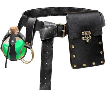 Imagem de Bolsa de cinto renascentista, bolsa de moedas, saia, caminhada, festival, fantasia medieval, acessórios de Halloween, pochete casual, bolsa de cintura, 3 garrafas - preto, One Size, Bolsa de cinto