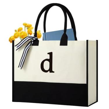 Imagem de Sacolas personalizadas com inicial de lona, monograma bordado com alça de couro, presente adequado para mãe, casamento, praia (d)