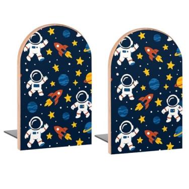 Imagem de Star Universe Desenhos Animados Astronautas Suportes de Livros Decorativos de Madeira para Prateleiras Quarto de Crianças Mesa Escritório em Casa Rolhas de Livros para Revistas, Livros, DVDs, 1 Par/2
