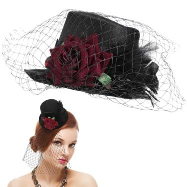 Imagem de TOYANDONA Chapéu Mini Top Hat Vintage com Rosa Vermelha e Tule, Fascinator Gótico para Decoração de Festa de Halloween, Preto
