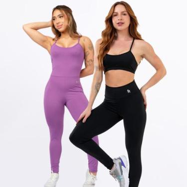 Imagem de Kit Macacão Costa Nua Longo + Conjunto Fitness Top Alça Calça Legging 