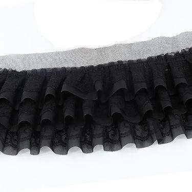 Imagem de Acabamento em tecido de renda plissada de 2 metros, 3 camadas, acabamento de renda com babados para costura, faça você mesmo, vestido estendido, blusa, acabamento em tecido de renda (preto)