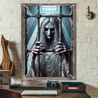 Imagem de BlissYard Capa de janela de Halloween 81 x 129 cm gaiola fantasma noiva rachada rosto preto olhos vermelhos barras enferrujadas decoração de Halloween assustador casa assombrada festa casa decoração