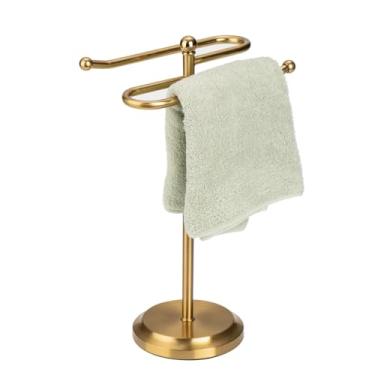 Imagem de J&V TEXTILES Suporte de toalheiro de aço clássico com 2 anéis de pendurar para bancadas de banheiro - Suporte de toalha de mão com economia de espaço (latão envelhecido)