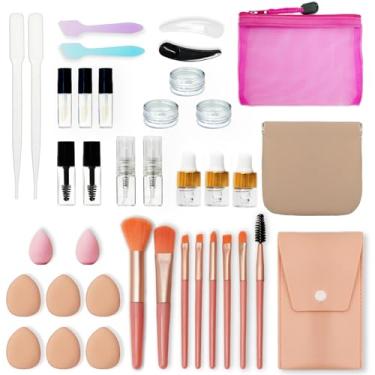 Imagem de Conjunto de frascos tamanho viagem com mini frascos de cosméticos, kits de maquiagem para viagem com pincéis, puff e esponjas - Recipientes portáteis à prova de vazamento aprovados pela TSA para