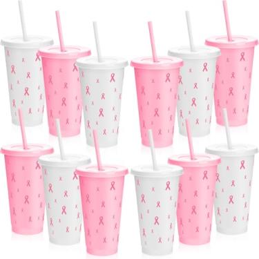 Imagem de LemonRoad Conjunto de 12 copos de plástico para conscientização do câncer de mama com tampas planas e canudos 680 g copos de plástico reutilizáveis com fita inspiradora rosa copos de água potável