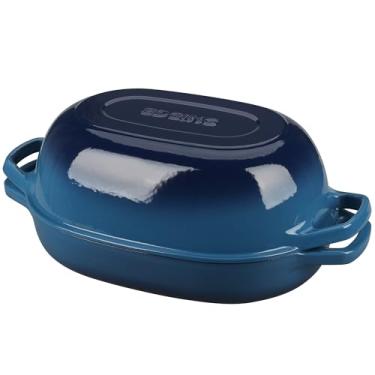 Imagem de EDGING CASTING Panela de forno holandês de ferro fundido esmaltado com tampa, forno holandês oval para assar pão, forno de pão para assar pão de fermento caseiro, 7 qt, azul lago
