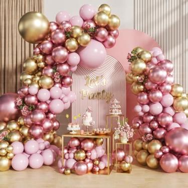 Imagem de MQIIQM 124 peças Cromado Ouro Rosa Pastel Bebê Balão Rosa Kit Arco 4D Rosa Balão para Decoração de Aniversário Casamento Festa Chá de Bebê