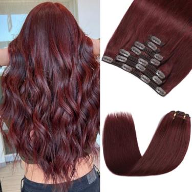 Imagem de Rimoss Extensões de cabelo humano real com clipe - 170 g 55 cm 7 peças, cor vermelho vinho - Grampo de cabelo humano macio premium em extensões, trama dupla reta para mulheres (#99J 22 polegadas)