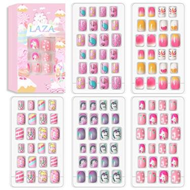 Imagem de Laza 120 peças de unhas pré-cola, pré-cola, glitter, cor gradiente, arco-íris, estrela cintilante, unicórnio, concha, kit de unhas postiças curtas para crianças adolescentes - Legend of Unicorn