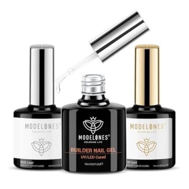 Imagem de modelones Gel Builder para unhas com top coat em gel, kit transparente de 3 peças para unhas Builder para espessamento de ápice, extensão de construção, pontas de gel com strass, cola, lâmpada LED U/V curada para salão de beleza caseiro faça você mesmo para meninas