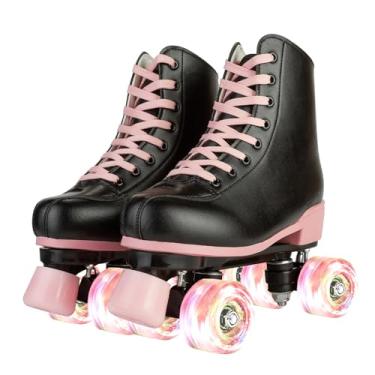 Imagem de Patins clássicos para mulheres e meninas, couro PU, fantástico, roda de flash, patins infantis de 6 a 12 anos para iniciantes para ambientes internos e externos (roda de flash preta e rosa, jovens 4)