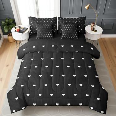 Imagem de Castle Fairy Conjunto de edredom feminino geométrico em formato de coração listrado com 7 peças, tamanho solteiro, cama de amor dos namorados em uma bolsa com edredom, lençóis, fronhas, preto e branco