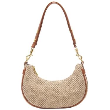 Imagem de RTGGSEL Boho Summer Retro Bolsa Feminina de Palha Rattan Praia Bolsa de Ombro Bolsa Hobo Underarm Bolsa de Palha, Crescente marrom