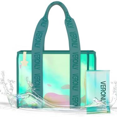 Imagem de VERONLY Bolsa de praia feminina transparente iridescente com zíper para piscina e praia com bolsa de maquiagem e bolsa de telefone à prova d'água essencial de verão (azul esmeralda)