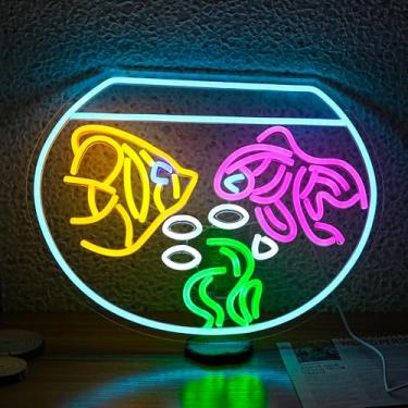 Imagem de JLEWUINH Sinal neon de aquário USB em forma de peixe dourado luz neon para decoração estética placas de LED Koi iluminadas para sala de estar homem caverna loja de peixe bar decoração de parede (42 cm