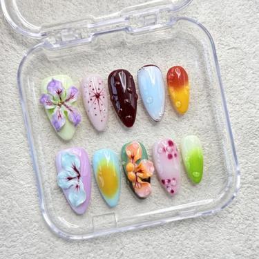 Imagem de RIICFDD Pregos feitos à mão de amêndoa média grossa de acrílico com cola, unhas postiças de arte de flores tropicais com estampa de gota de água, designs naturais de unhas postiças para mulheres