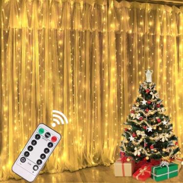 Imagem de Cortina de Luz Pisca Pisca LED 3x3m 300 Leds com Controle Remoto USB – 8 Modos de Iluminação – Decoração Natal, Casamento, Festas e Quarto (Amarela)