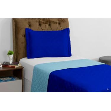 Imagem de Colcha Solteiro Dupla Face Vegas – Kit 3 Peças (Colcha + Lençol Elástico + Fronha) – Tecido Reversível Moderna – Lavável - Cobre leito cama Box (Azul Claro/Azul Escuro)