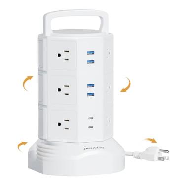 Imagem de JACKYLED Power Strip Tower Surge Protector 10 Tomadas CA e 4 portas USB com cabo de extensão resistente de 2 m Estação de carregamento elétrico para escritório em casa dormitório computador desktop branco