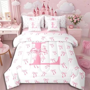 Imagem de Erosebridal Jogo de cama infantil casal com estampa de laço e laço fofo de fita rosa, monograma, G em uma bolsa, para meninas, adolescentes, lençol com elástico e lençol de cima