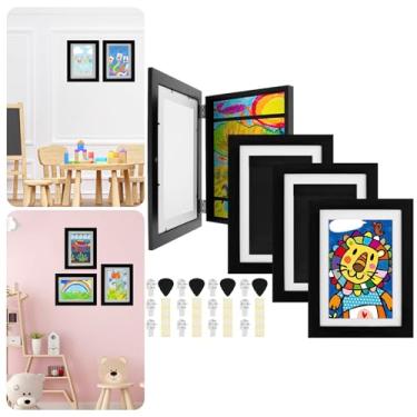 Imagem de Moldura de arte infantil com 4 peças, 21,5 x 28 cm, abertura frontal mutável, moldura para fotos para 50 a 100 obras de arte, armazenamento de arte suspenso e exibição de arte para crianças, desenhos