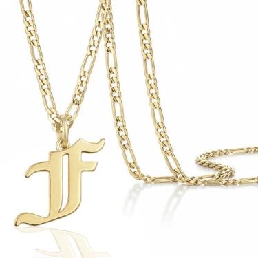 Imagem de Colar masculino com pingente de inicial banhado a ouro 14k Beleco – Colar com letra A-Z com corrente fígaro, joia com pingente de alfabeto de ouro personalizado em inglês antigo, Medium, Banhado a
