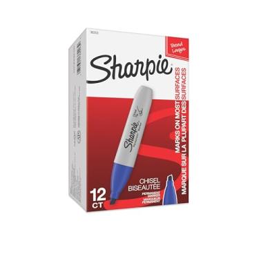 Imagem de SHARPIE Marcadores permanentes, largos, ponta de cinzel, pacote com 12, azul (38203)