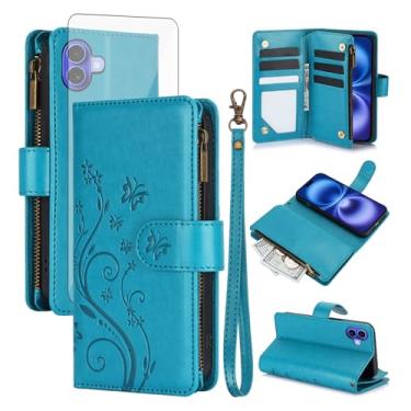 Imagem de Asuwish Capa de celular para iPhone 17 6,3 polegadas carteira com protetor de tela de vidro temperado alça flor flip zíper porta-cartões suporte suporte couro i Phone17 i17 17 capa feminina meninas