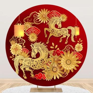 Imagem de Renaiss 2,3 x 2,3 m Ano do Cavalo Capa de Fundo Redondo Feliz Ano Novo Chinês Fundo Círculo Flor Nuvem da Sorte Lanterna Chinês Aniversário Casamento Primavera Festival Decoração de Festa Arco Foto