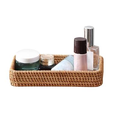 Imagem de Bandeja de banheiro de vime de 20 cm, cesta de vaso sanitário, caixa de decoração de banheiro, suporte de toalha pequeno e estreito para penteadeira, bancada, banheiro, cozinha e armário (cor: madeira