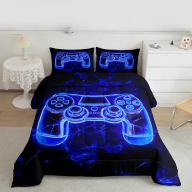 Imagem de jejeloiu Jogo de cama solteiro com estampa de gamer, azul escuro, para crianças, meninos, meninas, gamepad, edredom para decoração de quarto, 2 peças com 1 fronha