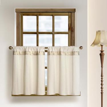 Imagem de Cortinas de cozinha de linho de algodão com faixa bordada dourada brilhante moderna elegante 61 cm cortina curta para casa de fazenda neutra para tratamento de janelas