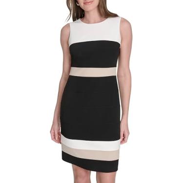 Imagem de Tommy Hilfiger Minivestido feminino listrado sem mangas com bainha de crepe, Marfim/preto/cáqui, 42