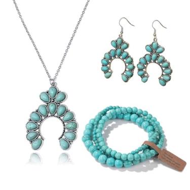 Imagem de Azusa Sun Conjunto de joias boêmias turquesa para mulheres com pingente de flor de cruz ocidental brincos de contas pulseiras vaqueira boho country concerto joias, Zinco, Sem Pedra Preciosa